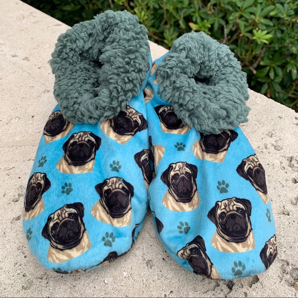 Comfies PUG Dog Blue Fuzzy Slippers I NWT